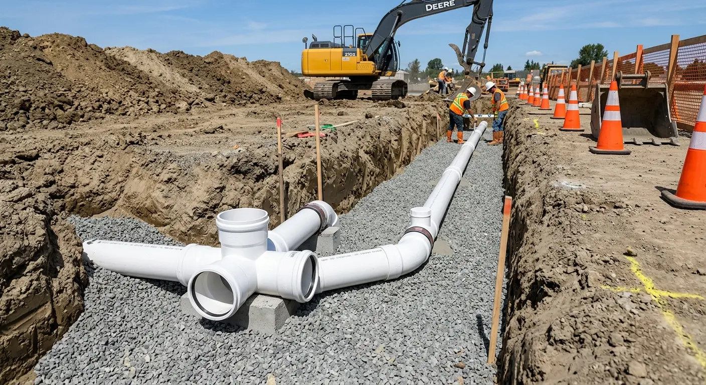 New PVC sewer pipe installation in open trench for Sewer Backup in Floris