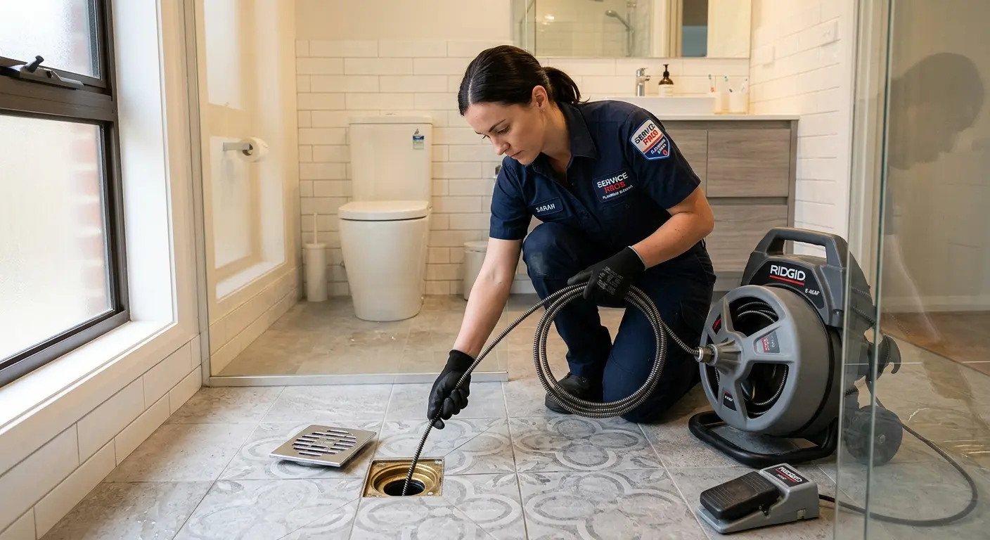 Technician clearing a bathroom floor drain for Drain Cleaning in Floris